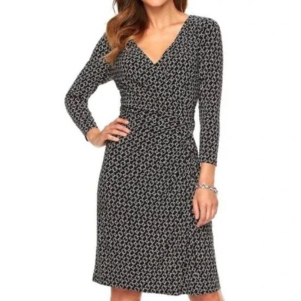Chaps Wrap Dress Women Medium Black White Long Sleeve